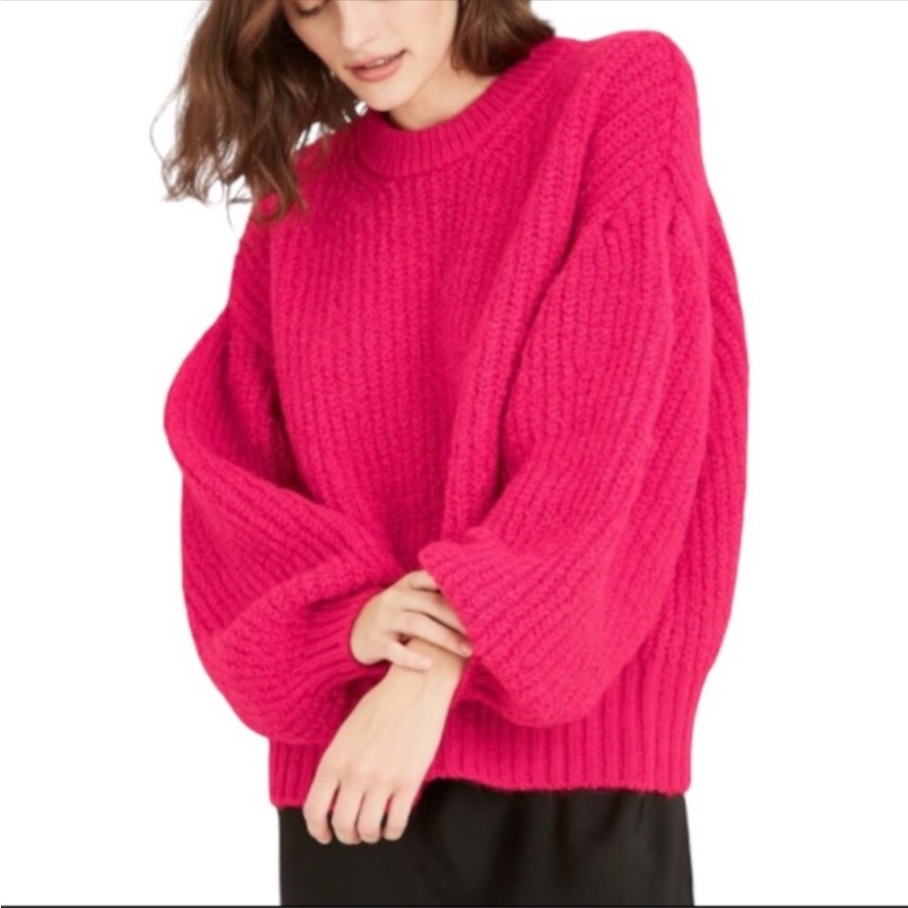 A New Day Fuchsia Balloon Sleeve Sweater Hot Pink Chunky Knit Statement Fuzzy XS